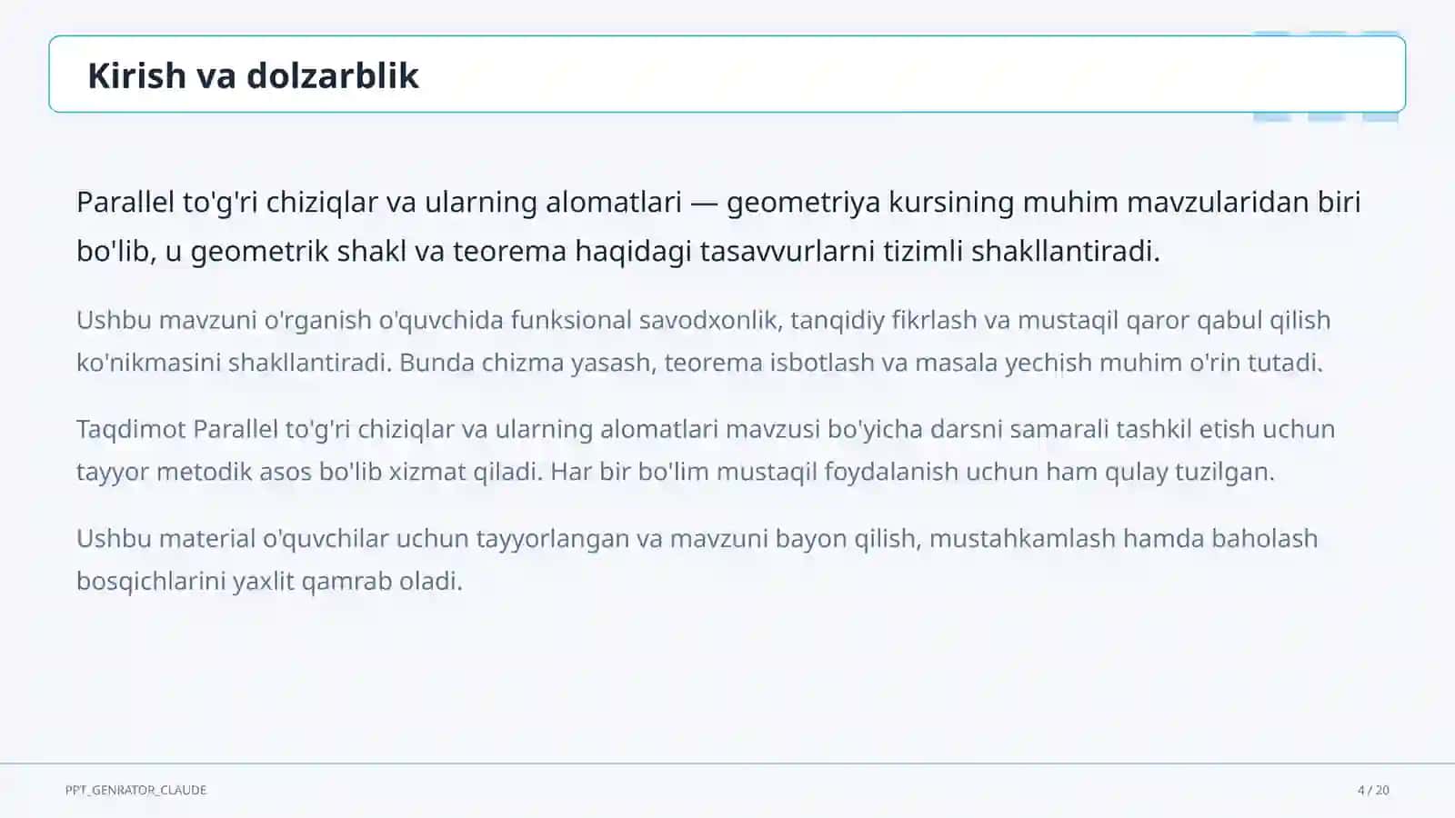 Parallel to'g'ri chiziqlar va ularning alomatlari (7-sinf) 4