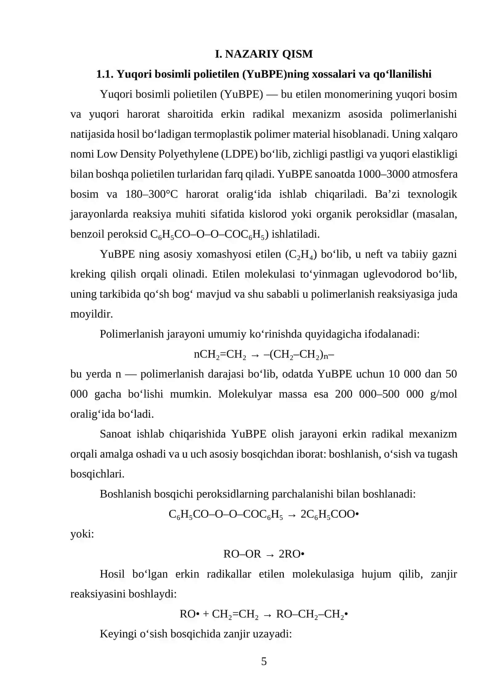 YuBPE dan quvvati 1200 kg/soat boʻlgan plyonka ishlab chiqaradigan texnologik liniyani loyihalash 4