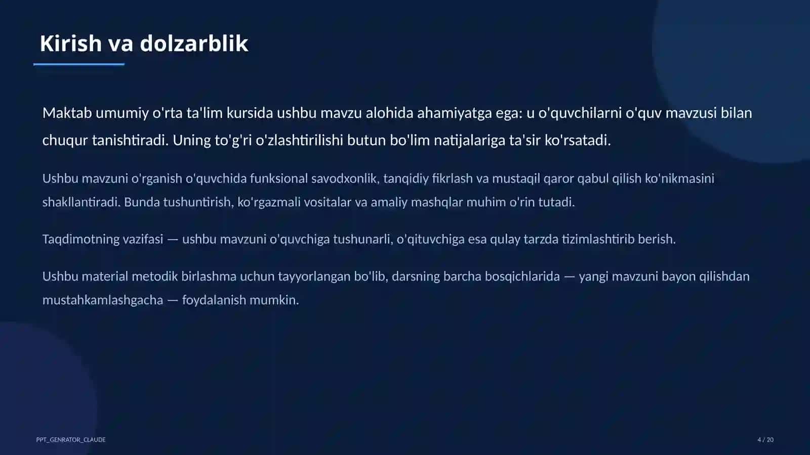 Dolzarb mavzular — maktab va o'qituvchilar (2026) — metodik birlashma uchun 4