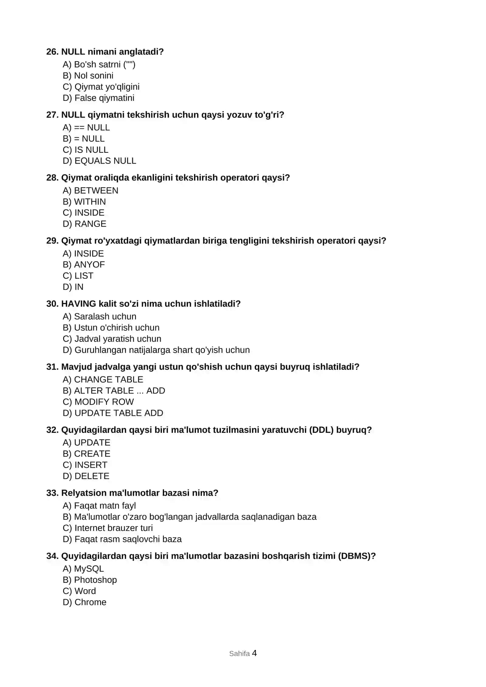 SQL va ma'lumotlar bazasi asoslari 4