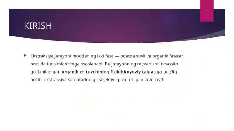Ekstraksiya mexanizmining organik erituvchi tabiatiga bog'liqligi. 4