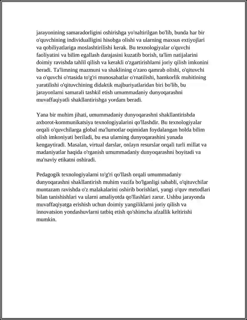 UMUMMADANIY DUNYOQARASHNI SHAKLLANTIRISH TEXNOLOGIYALARI HAM PEDAGOGIK TEXNOLOGIYALARINING OʻZIGA XOS XUSUSIYATLARI 4