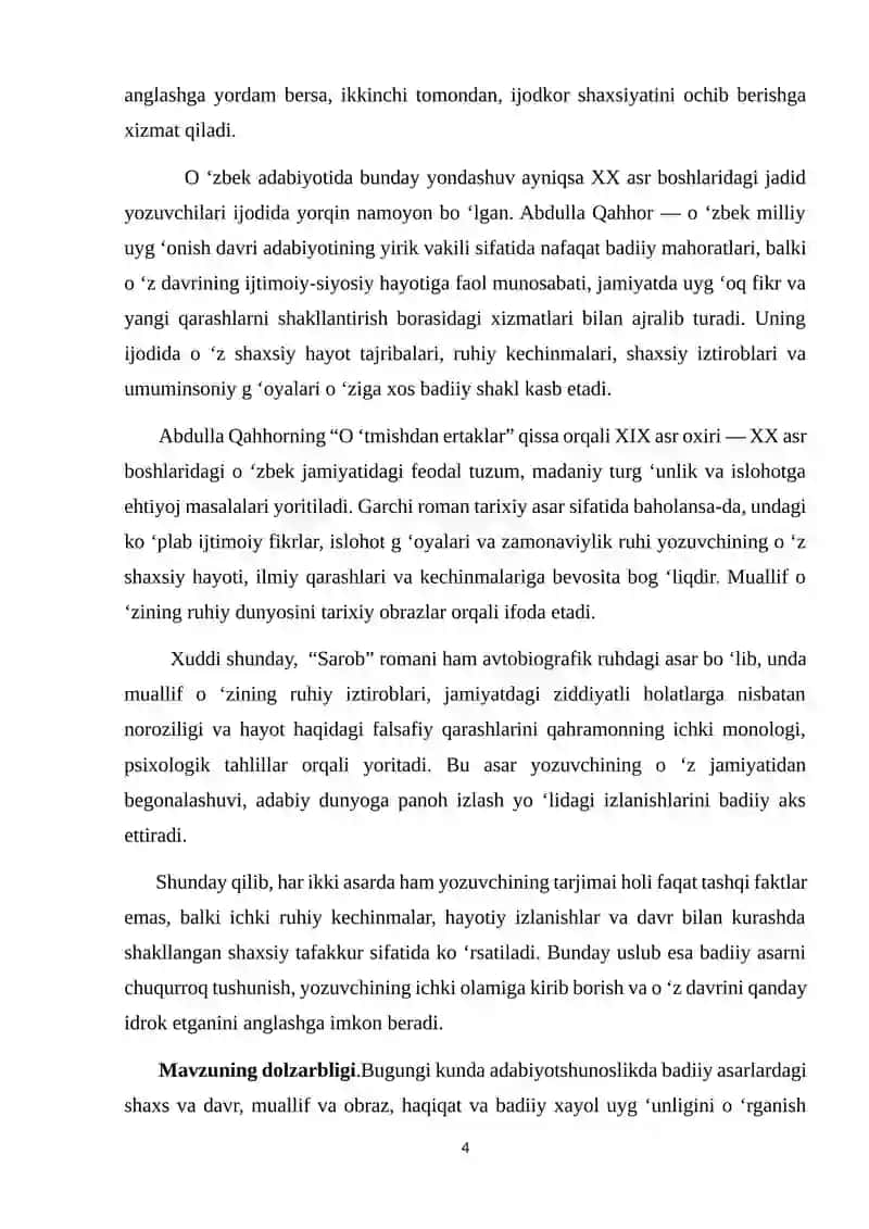 Yozuvchi tarjima holining berilishiga xos xususiyatlari (O ‘tmishdan ertaklar,Sarob) 4