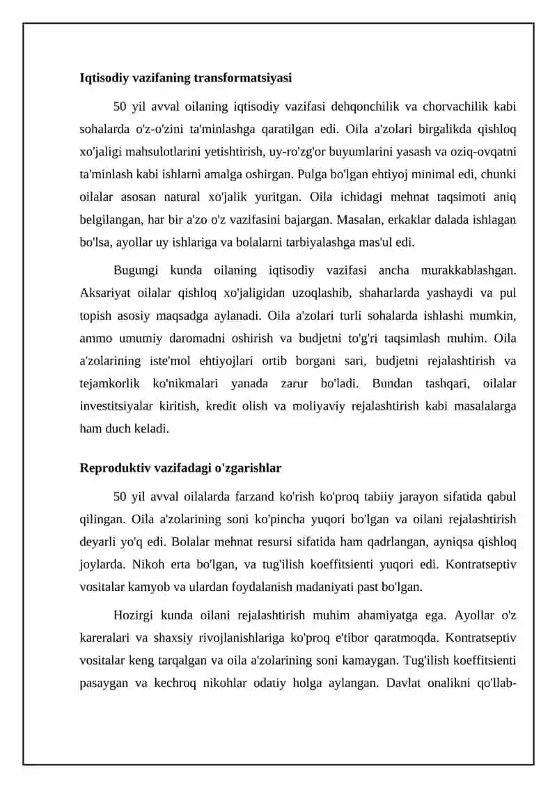 50 yil avval oilaga xos bo'lgan funksiyalarni bugungi kunda mavjud funksiyalar bilan taqqoslash 4