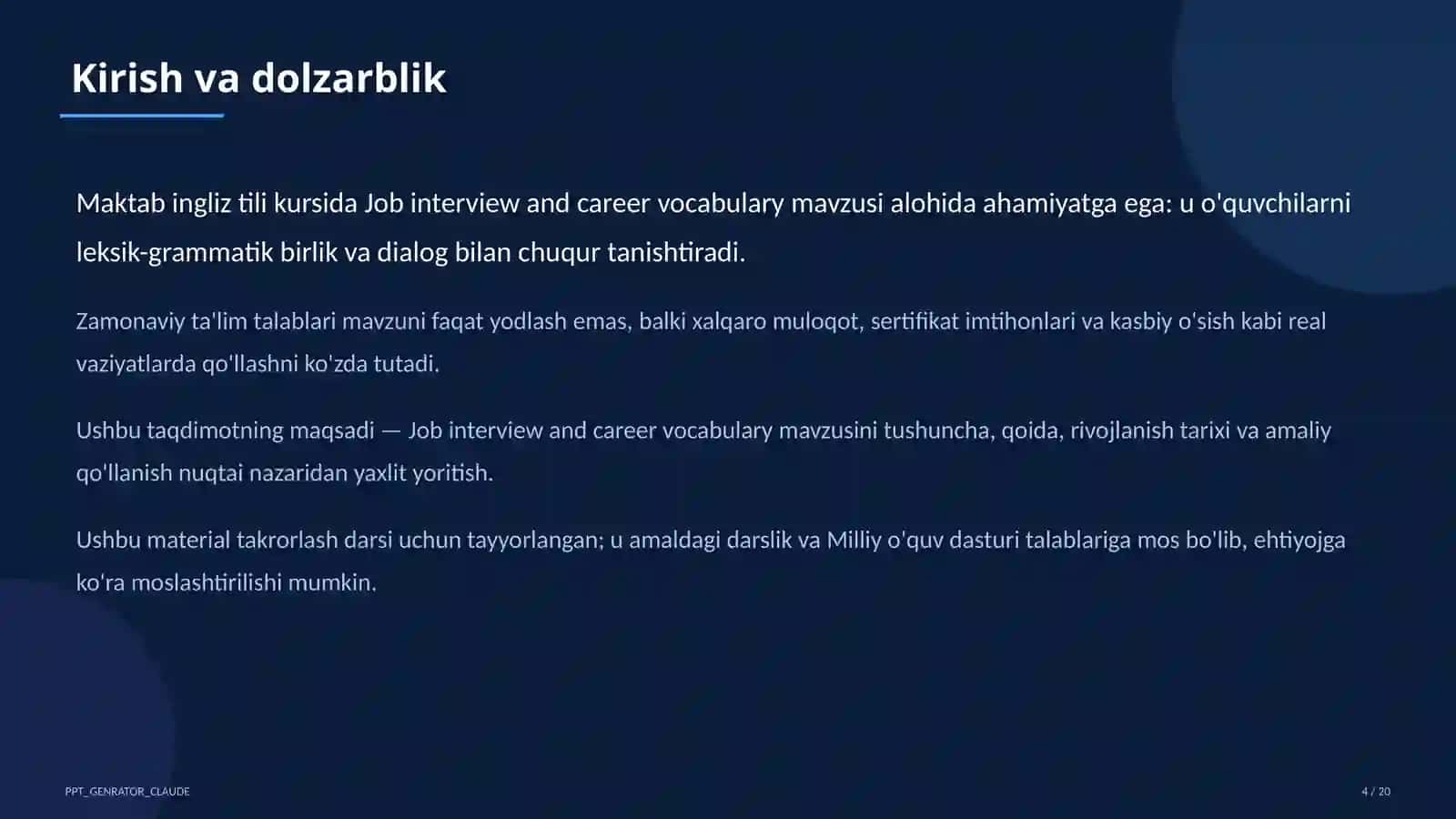 Job interview and career vocabulary (11-sinf) 4