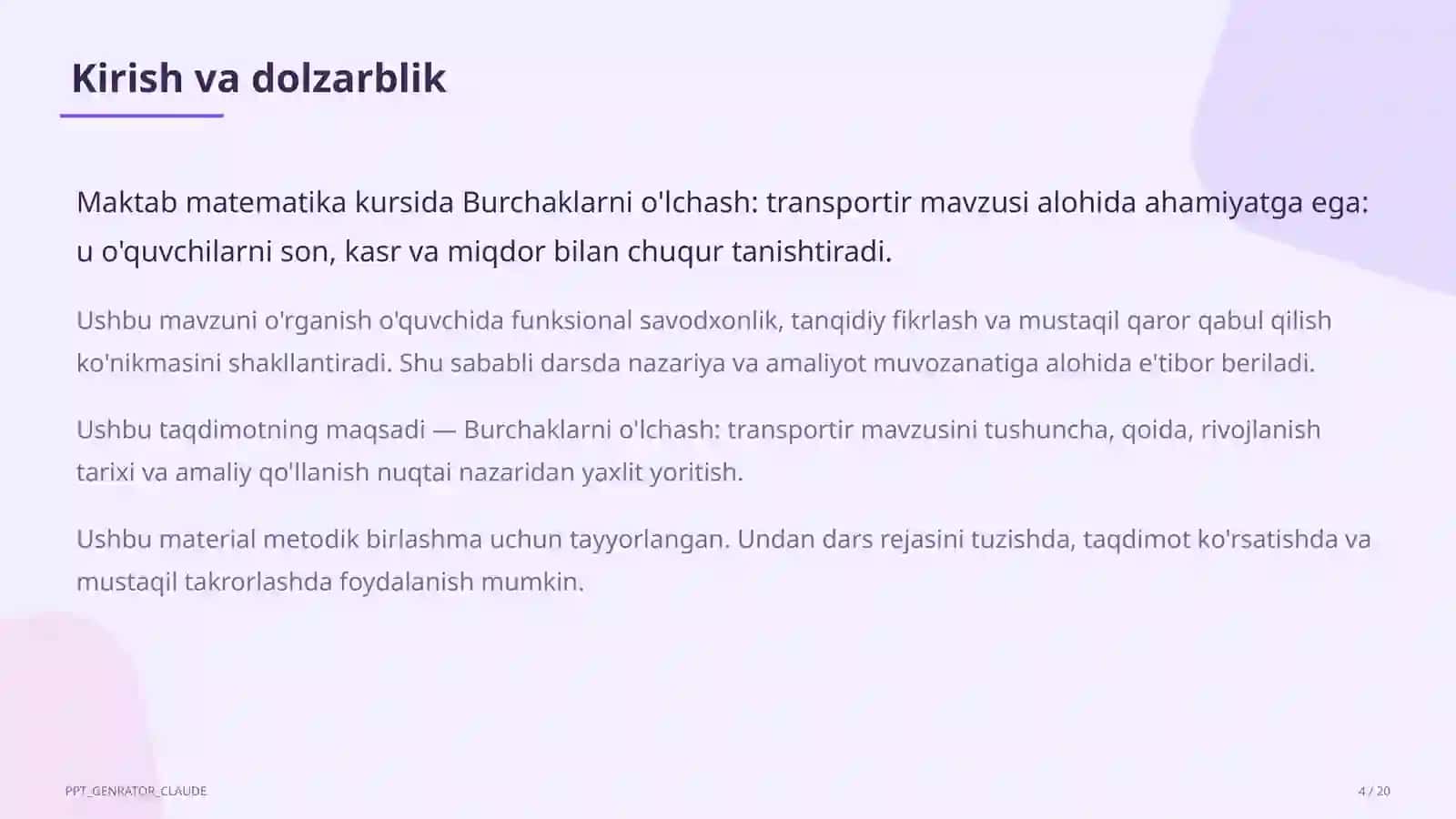 Burchaklarni o'lchash: transportir (5-sinf) 4