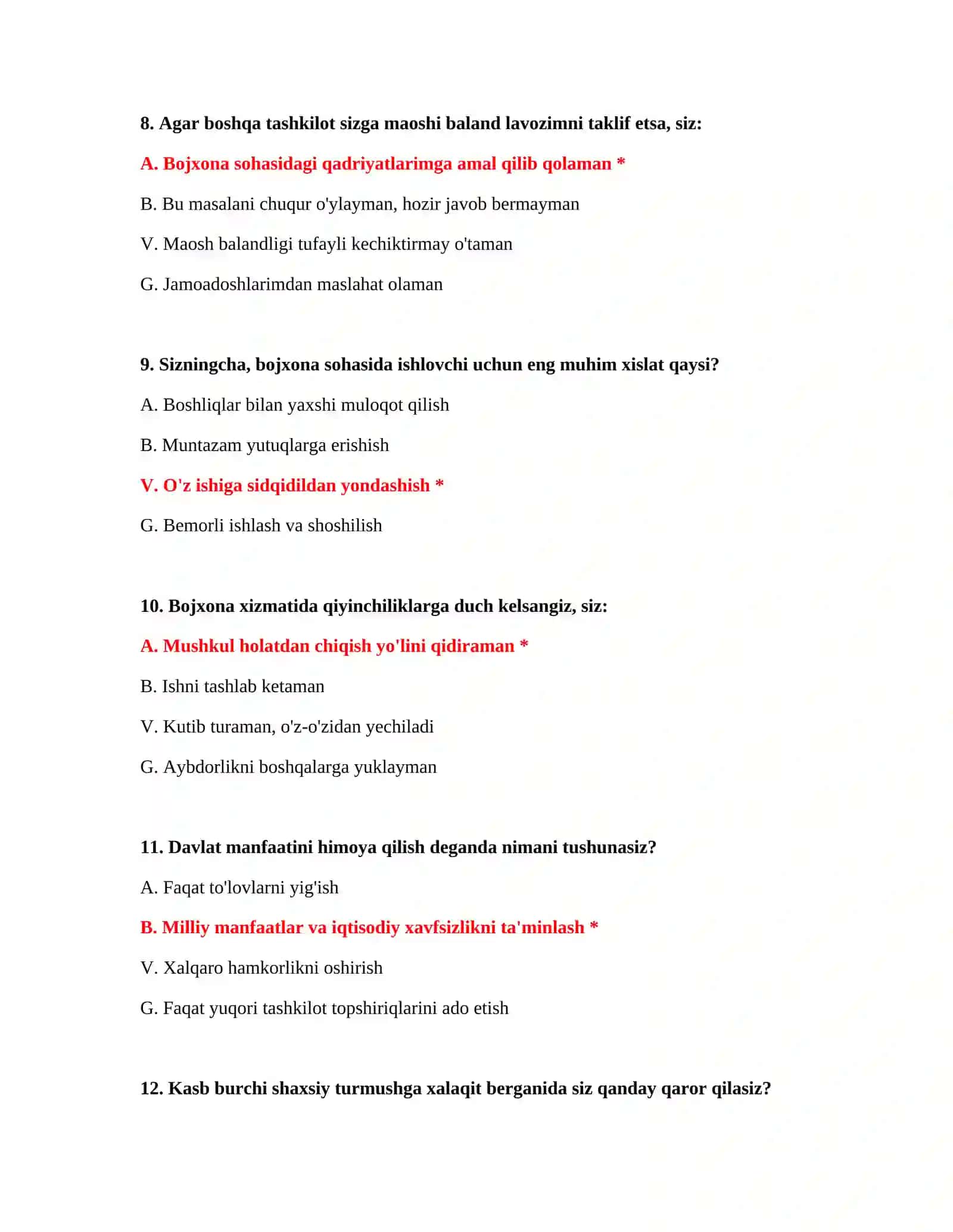 Bojxona nomzodlari uchun testlar 4