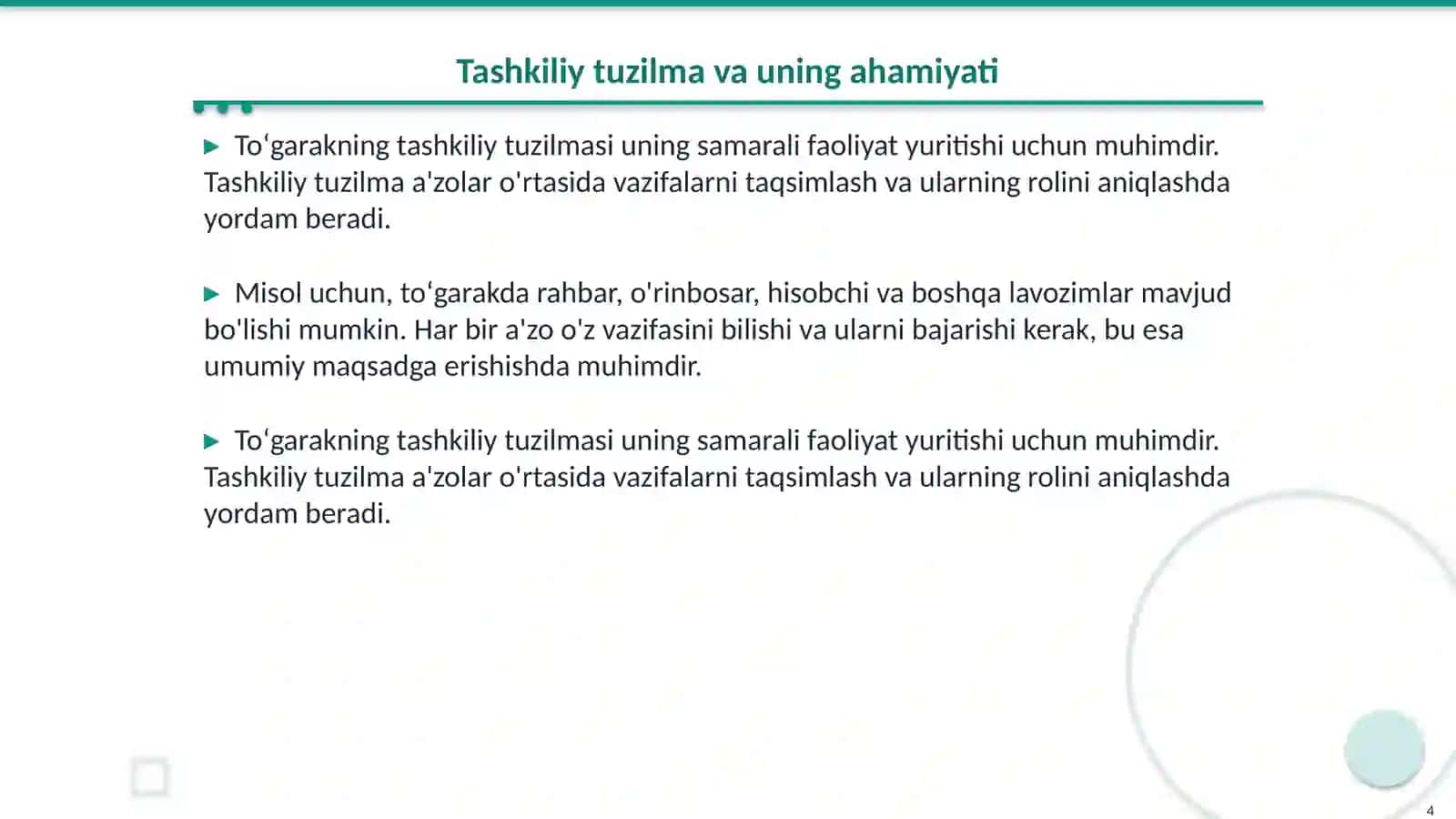Toʻgarak rahbarining tashkiliy tayyorgarligi 4