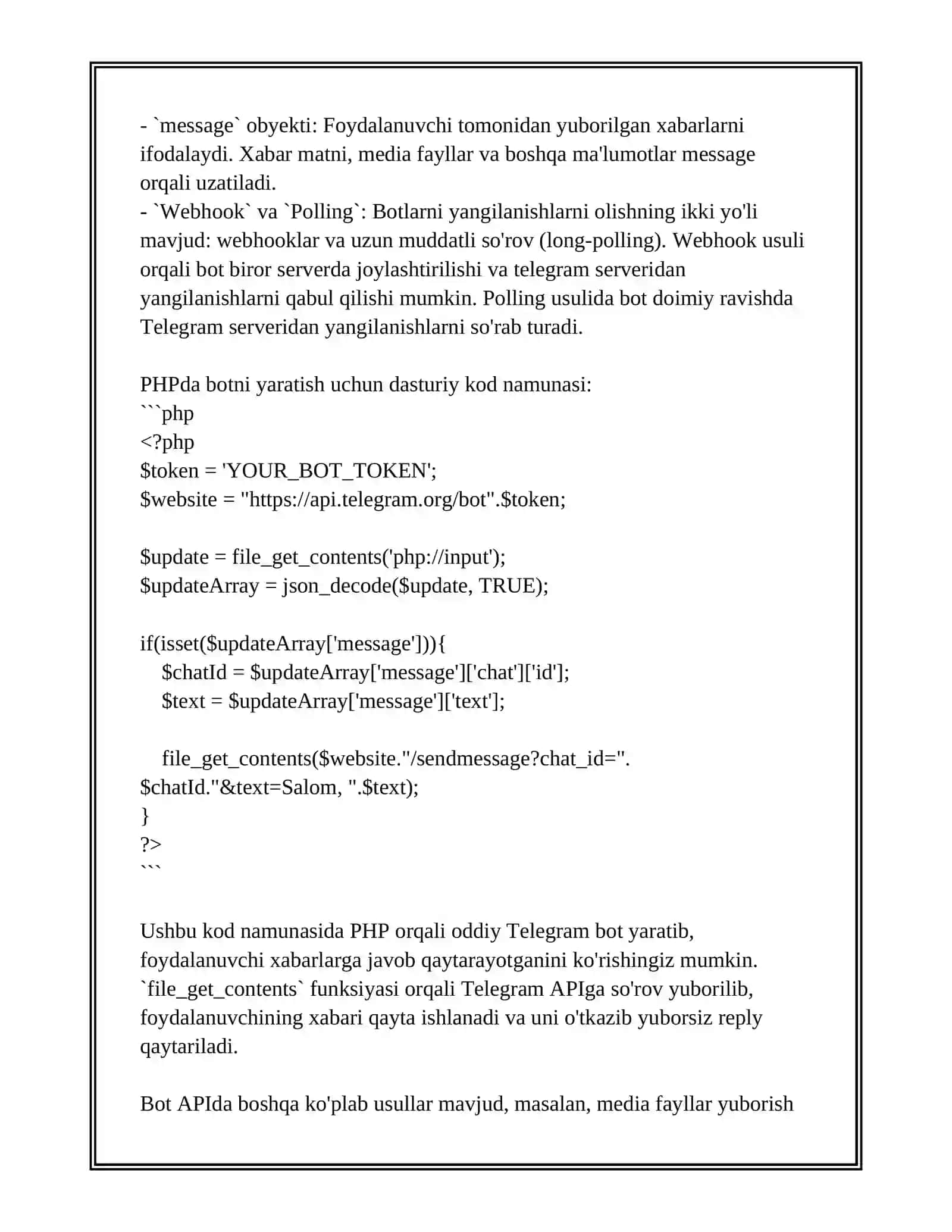 PHP DASTURLASH TILIDA TELEGRAM BOT BILAN ISHLASH 4