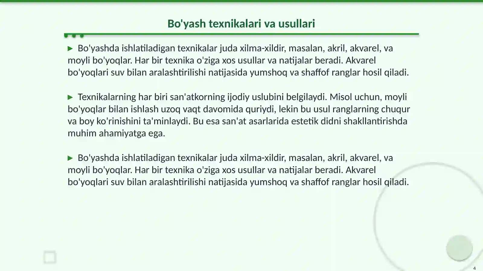 Bo'yash (ranglar bilan ishlash) asosida estetik doni shakllantirish 4