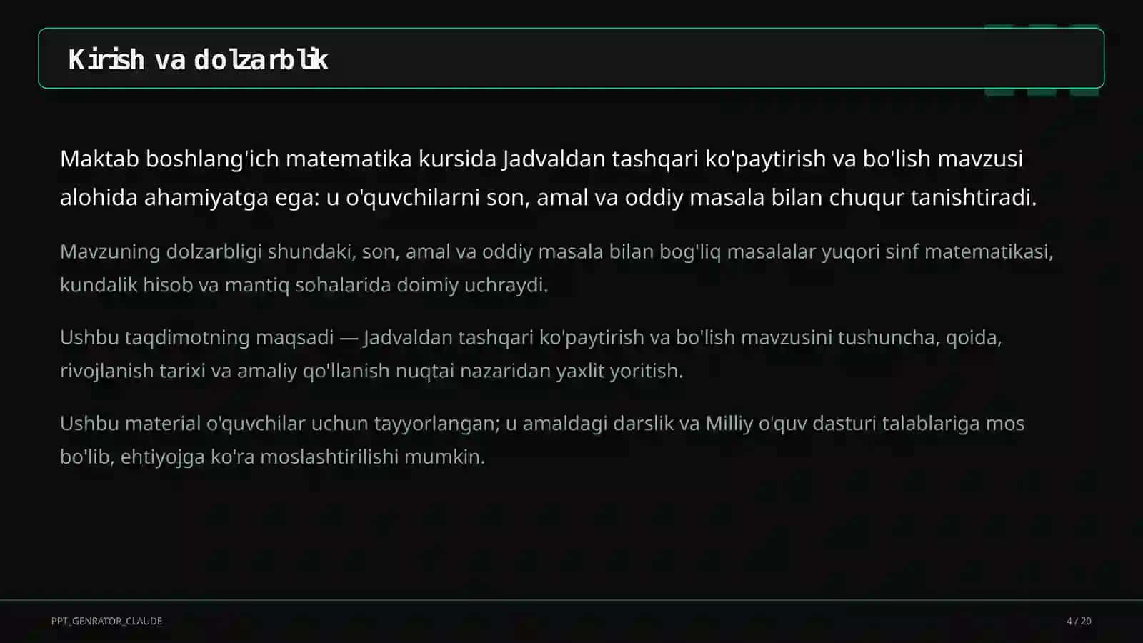 Jadvaldan tashqari ko'paytirish va bo'lish (3-sinf) 4