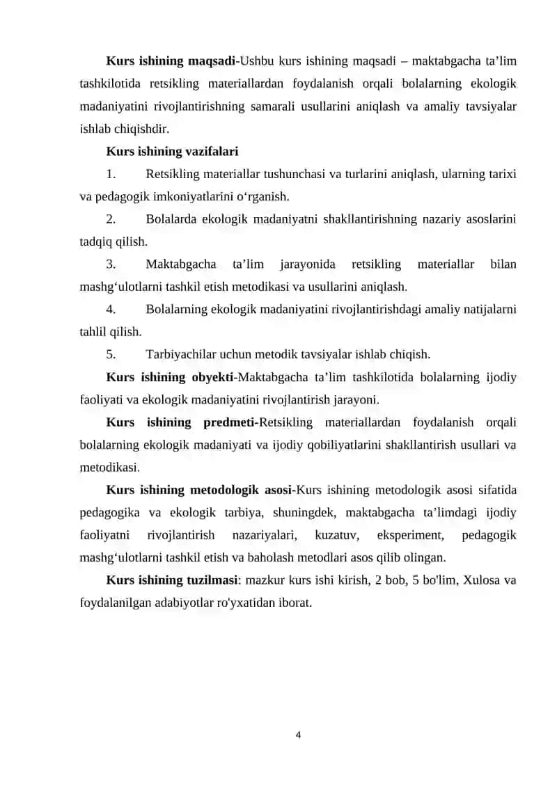 Maktabgacha ta’lim tashkilotida retsikling materiallardan foydalanish orqali bolalarning ekologik madaniyatini rivojlantirish” 4