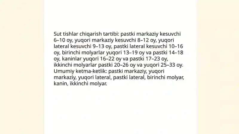 Tishlarni chiqishi ildizlarning shakllanishi va sut tishlar ildizlarining soʻrilish muddatlari 4
