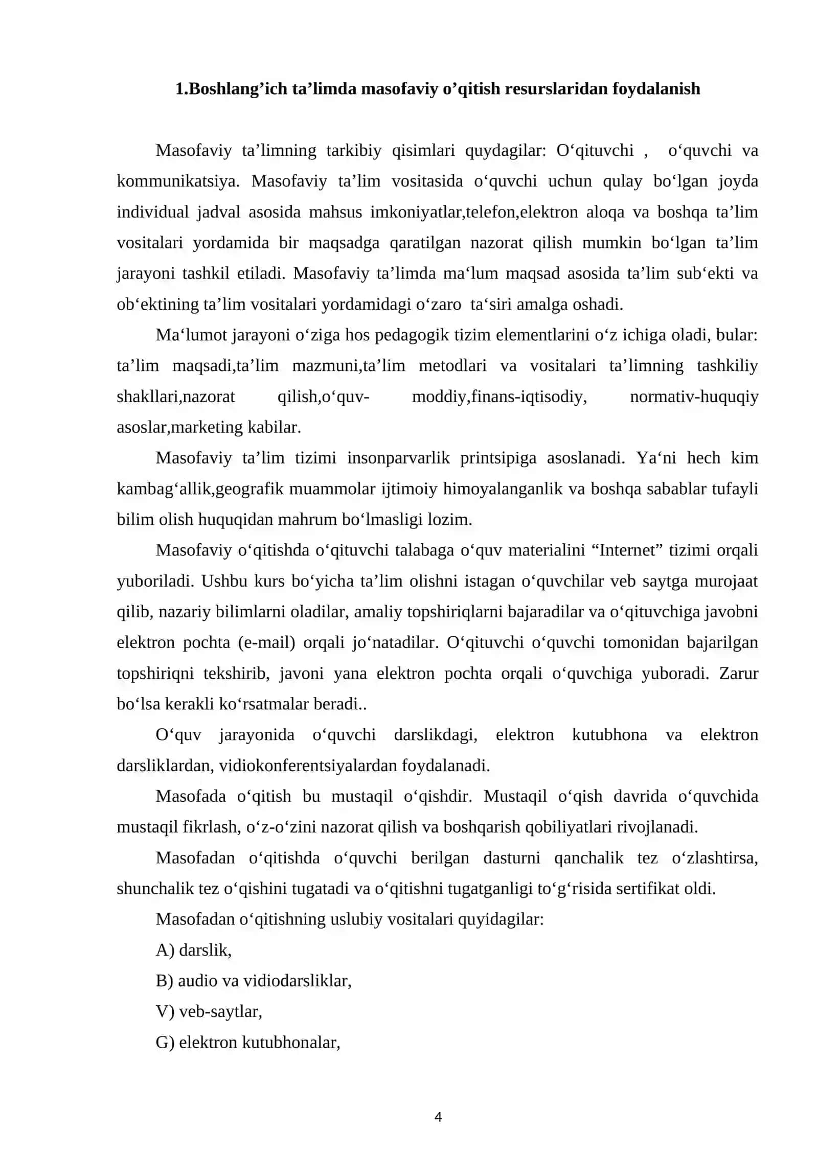 Boshlang’ich ta’limda masofaviy o’qitish resurslaridan foydalangan xolda ilg’or pedagogik tajribalarni joriy etish texnologiyalari 4