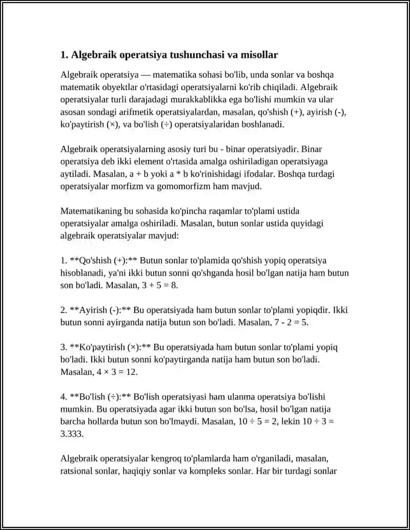 ALGEBRAIK OPERATSIYALAR. ALGEBRAIK OPERATSIYA TUSHUNCHASI VA UNING XOSSALARI KOMMUTATIVLIK ASSOSIATIVLIK DESTREBUTEVLIK VA QISQARUVCHANLIK 4