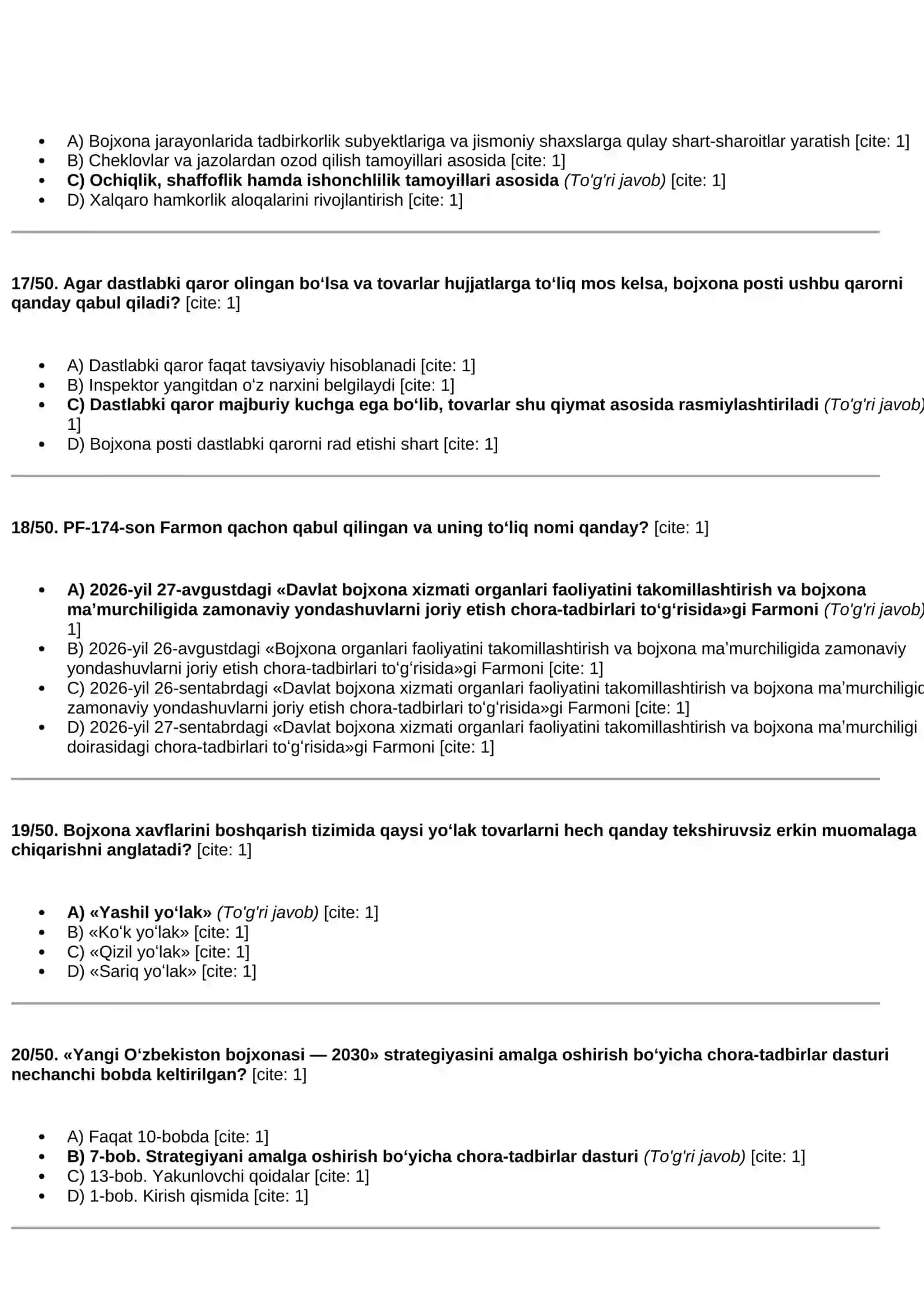 Bojxona testlari javoblari bilan (1–50) 4