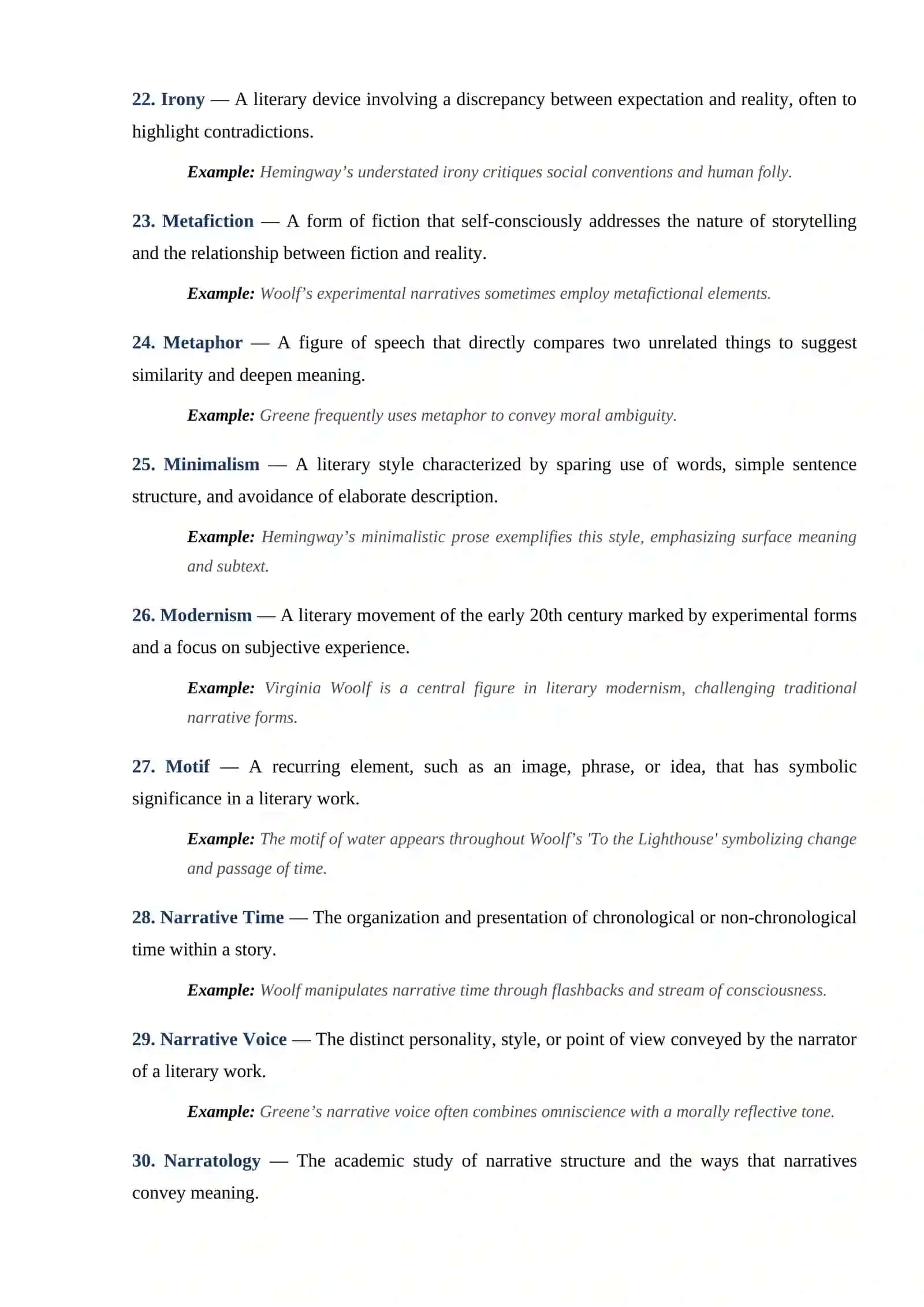 Glossary of Literary Terms Related to Virginia Woolf, Graham Greene, and Ernest Hemingway 4