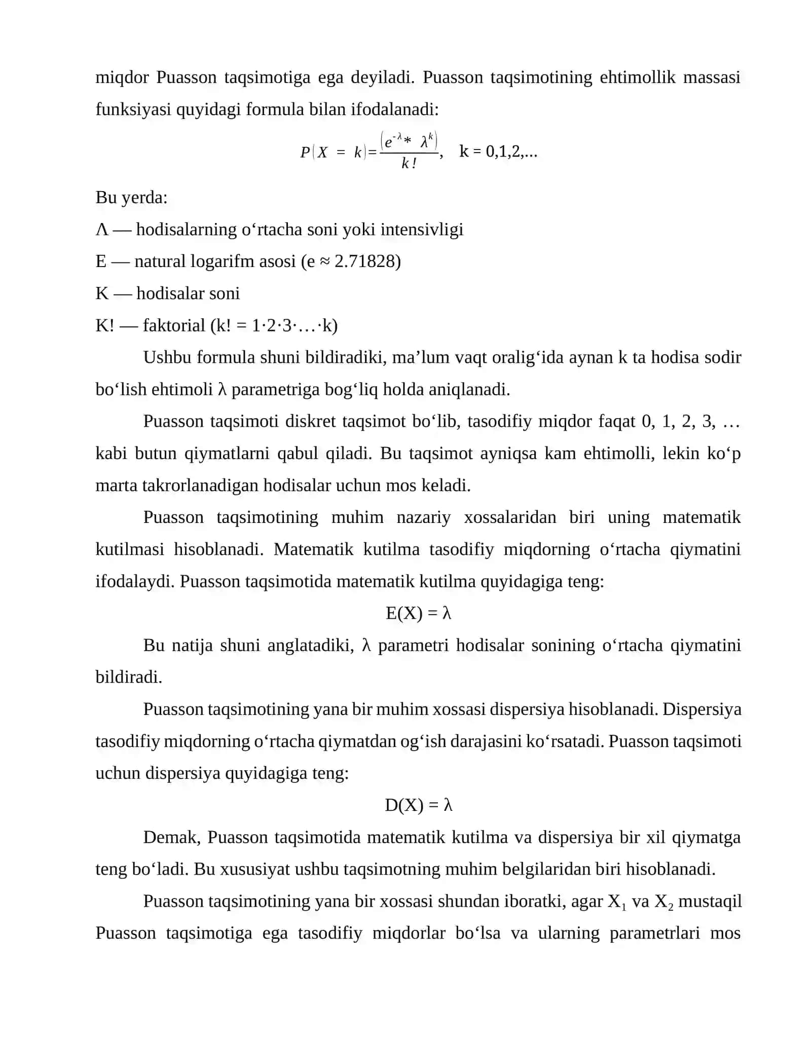 PUASSON TAQSIMOTINING NOMA'LUM λ PARAMETRI UCHUN NUQTAVIY VA ORALIQ BAHOLAR 4