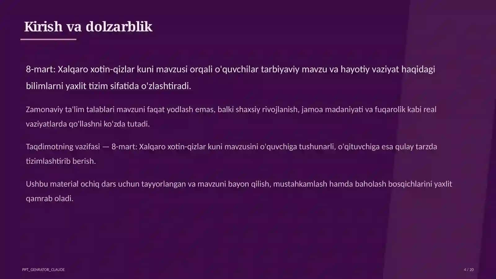 8-mart: Xalqaro xotin-qizlar kuni Sinf soati va tarbiyaviy tadbirlar (1– 11) — ochiq dars uchun Foto: Access to healthcare after the floods — DFID - UK Department for Internati (BY) Dars rejasi PPT_GENRATOR_CLAUDE 4