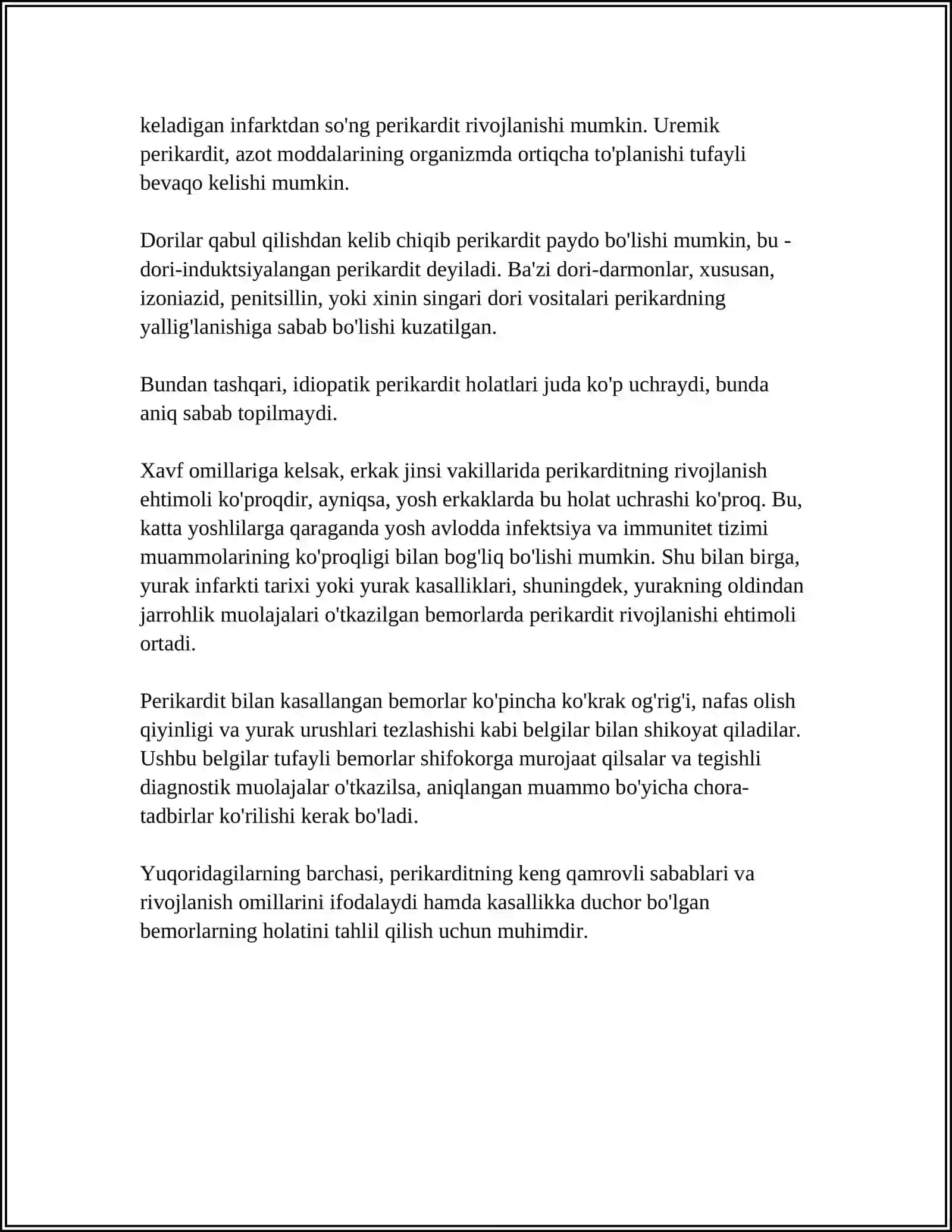 PERIKARDIT RIVOJLANISH SABABLARI VA DIAGNOSTIKASI OʻATE VA QAVATLANUVCHI ANEVRIZMASI ETIOPATOGENEZI VA KLINIKASI 4