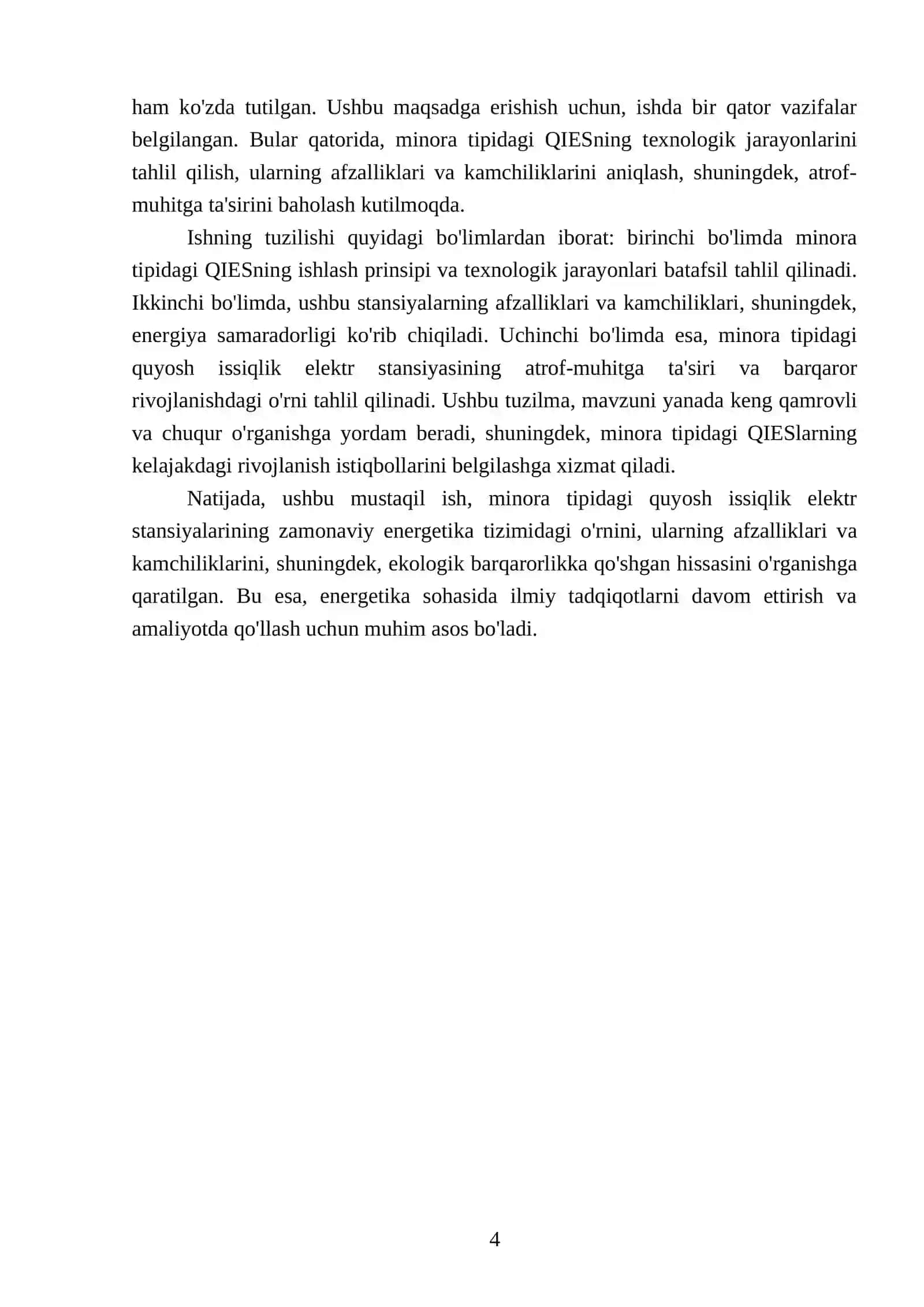 Minora tipidagi quyosh issiqlik elektr stansiyasi (QIES) 4