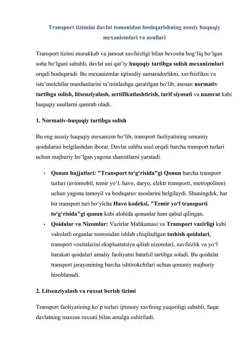 TRANSPORT TIZIMI DAVLAT TOMONIDAN BOSHQARISHNING  HUQUQIY MEXANIZIMLARI 4