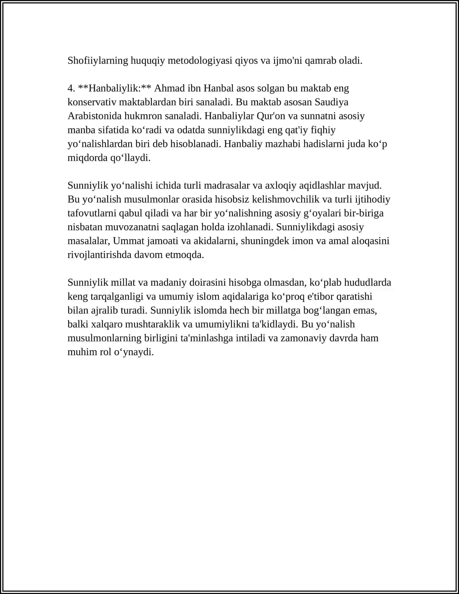 ISLOMNING SUNNIYLIK YO‘NALISHI. BUNDA SUNNIYLIK YO‘NALISHIDAGI HANAFIYLIK, HANBALIYLIK, MOLIKIYLIK VA SHOFIYLIK XUSUSIDA MA’LUMOTLAR 4