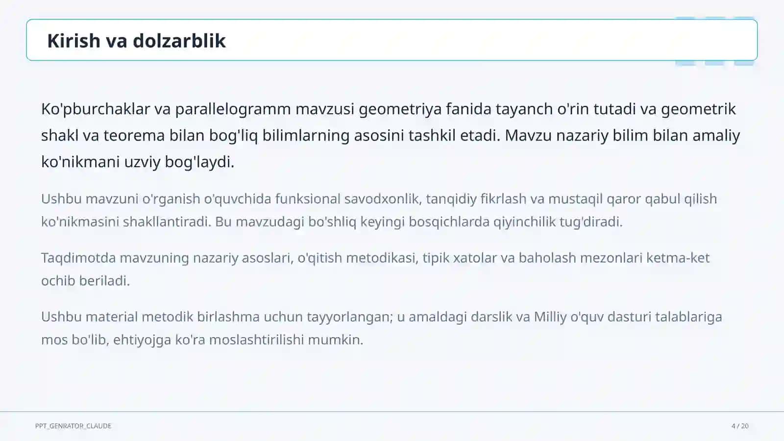 Ko'pburchaklar va parallelogramm (8-sinf) 4