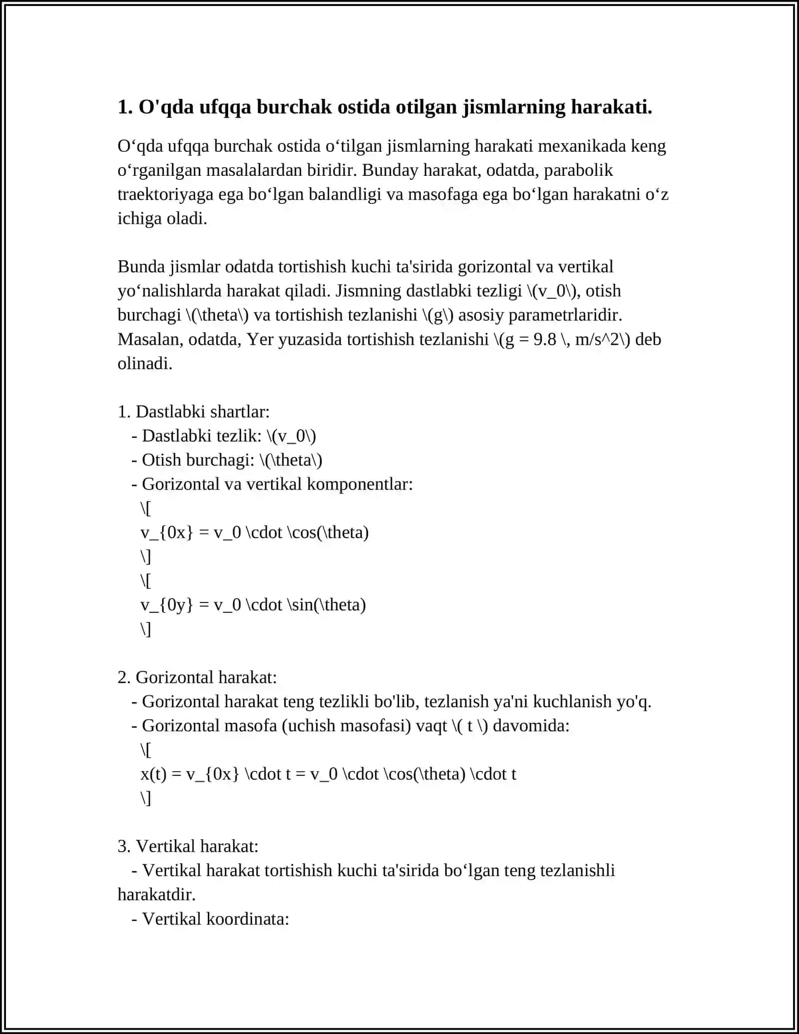 OYDA UFQQA BURCHAK OSTIDA OTILGAN JISM PARVOZINING MATEMATIK MODELINI YARATISH VA XUDDI SHUNDAY BOSHLANG'ICH SHAROITDA YERDAGI JARAYON NATIJALARI BILAN TAQQOSLASH 4