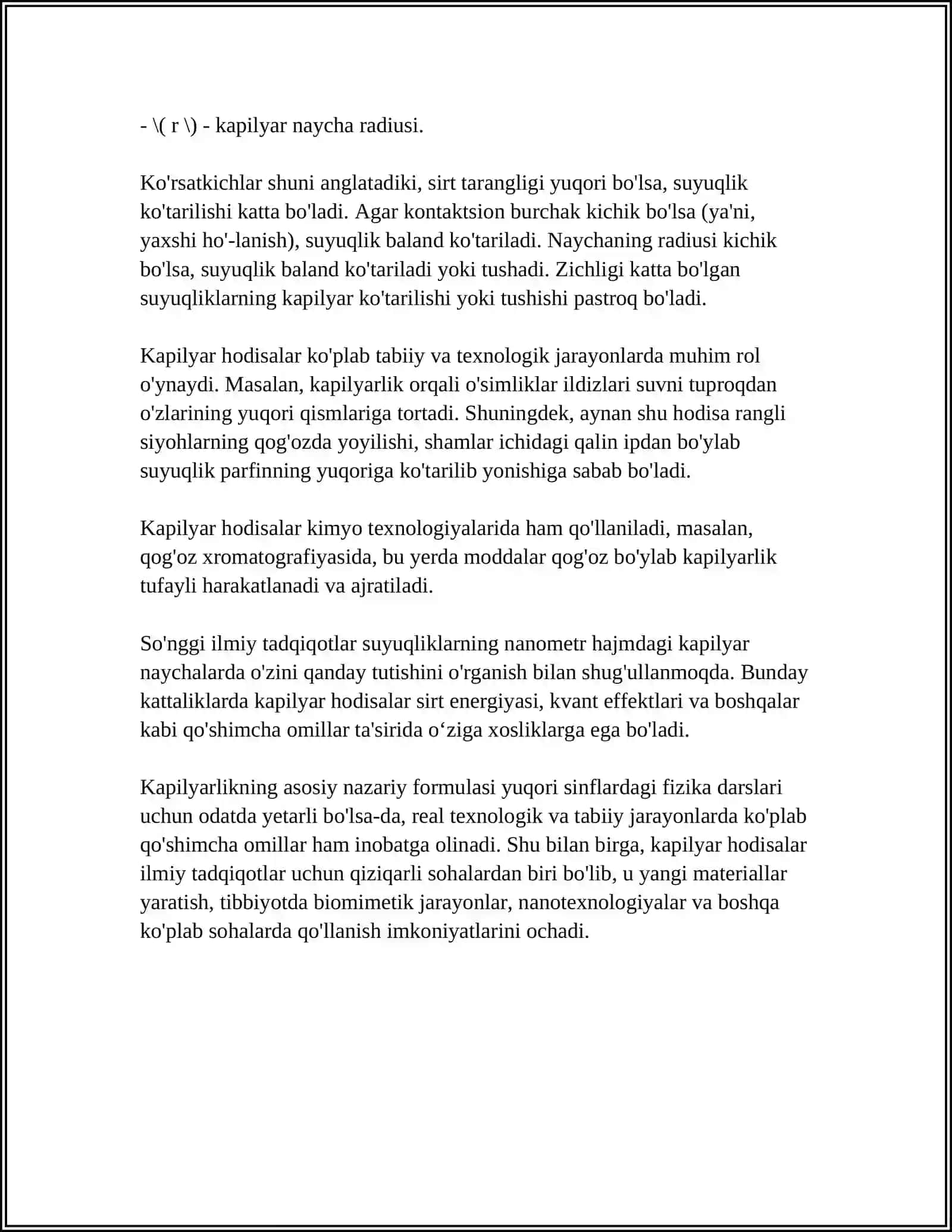 Ushbu ma'lumotlardan foydalanish holatda ho'llash. Kapilyar hodisalar mavzusiga 4