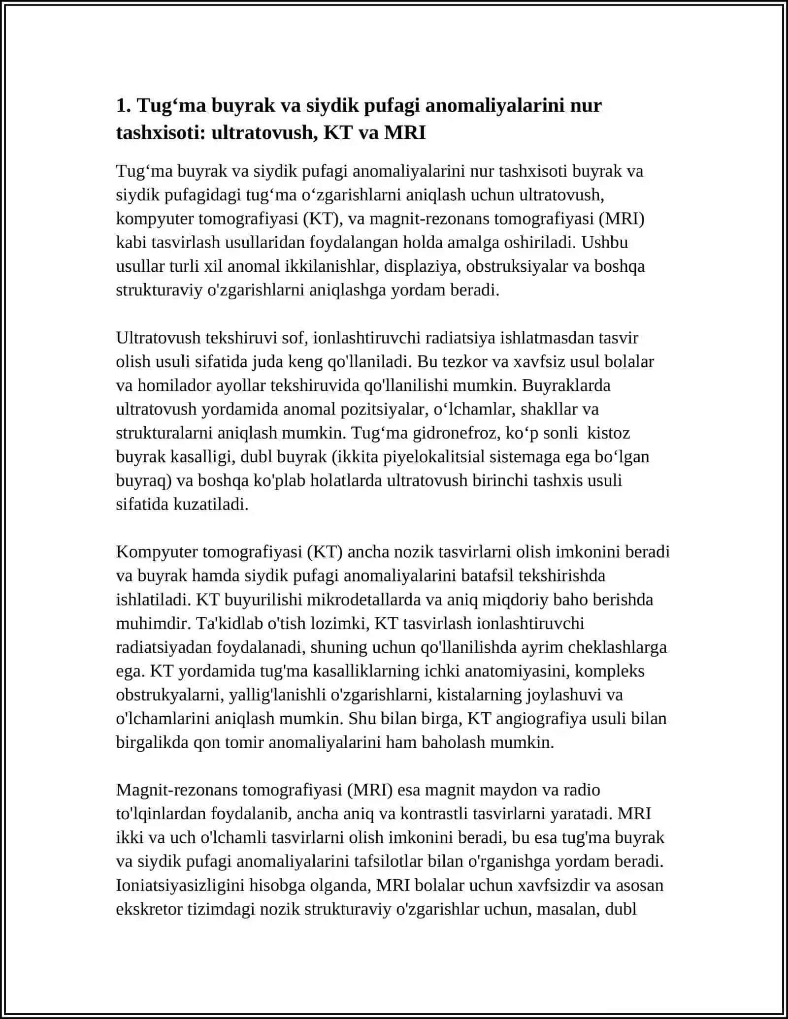 BUYRAK, SIYDIK PUFAGI TUG'MA ANOMALIYALARI, SIYDIK TOSH KASALLIGI, YALLIG'LANISH VA ONKOLOGIK KASALLIKLARINING NUR TASHXISOTI 4