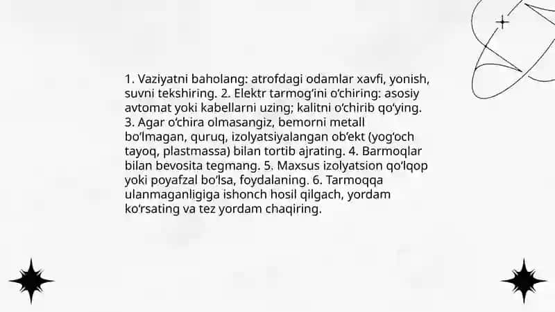 Elektr travmada birinchi tibbiy yordam Jahongir 4