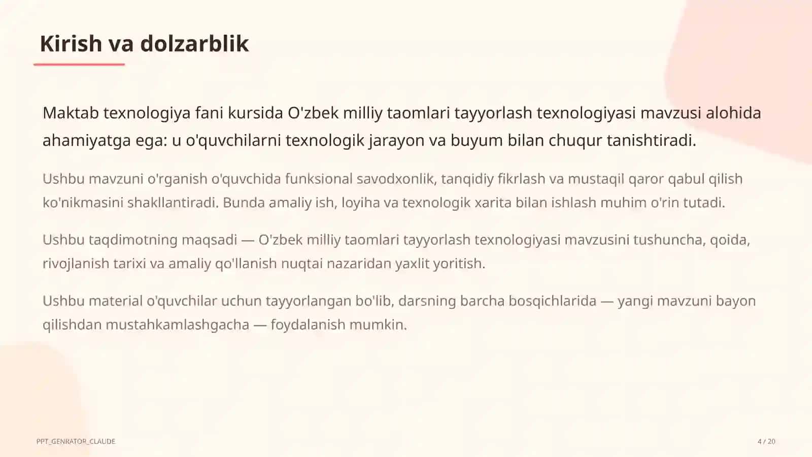 O'zbek milliy taomlari tayyorlash texnologiyasi (6-sinf) 4