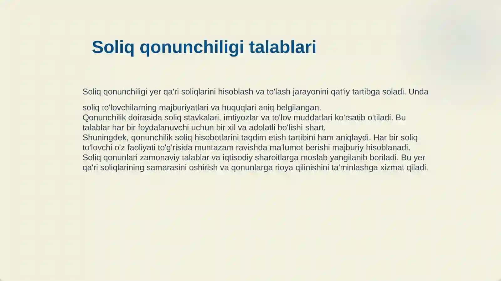 YER QA'RIDAN FOYDALANGANLIK UCHUN SOLIQNI HISOBLAB CHIQARISH, SOLIQ HISOBOTLARINI TAQDIM ETISH VA SOLIQNI TO'LASH TARTIBI 4