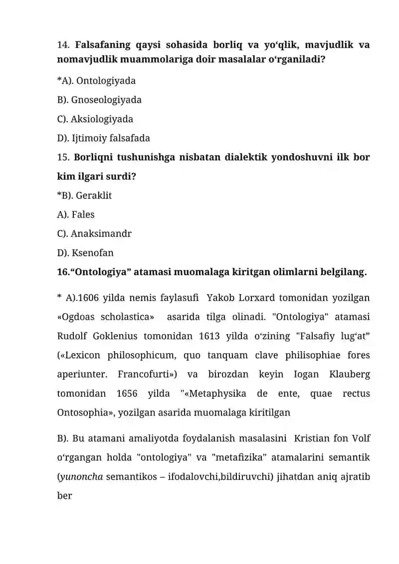 Falsafa fanidan testlar to'plami 4