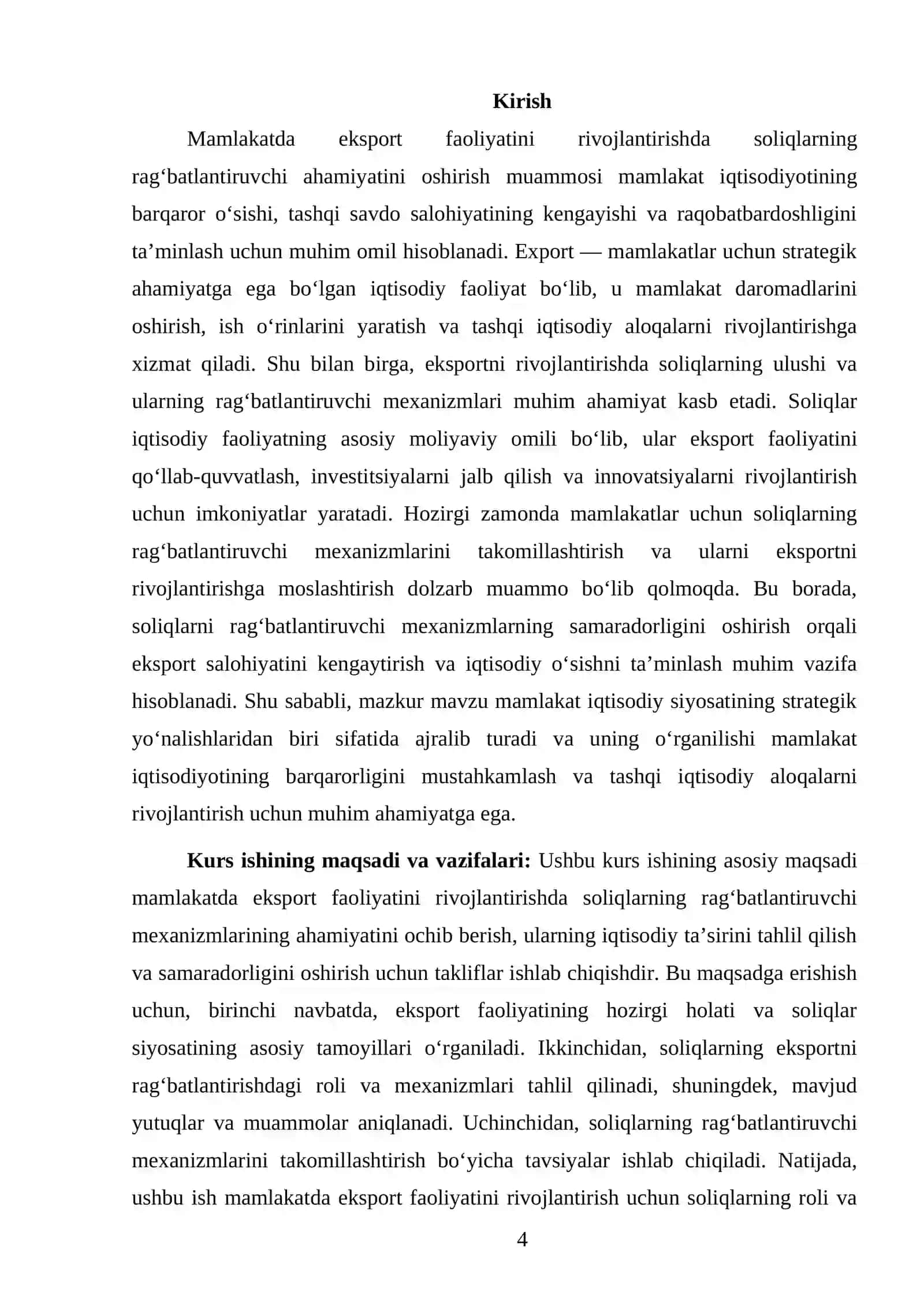 Mamlakatda eksport faoliyatini rivojlantirishda soliqlarning ragʻbatlantiruvchi ahamiyatini oshirish masalalari mavzusi 4