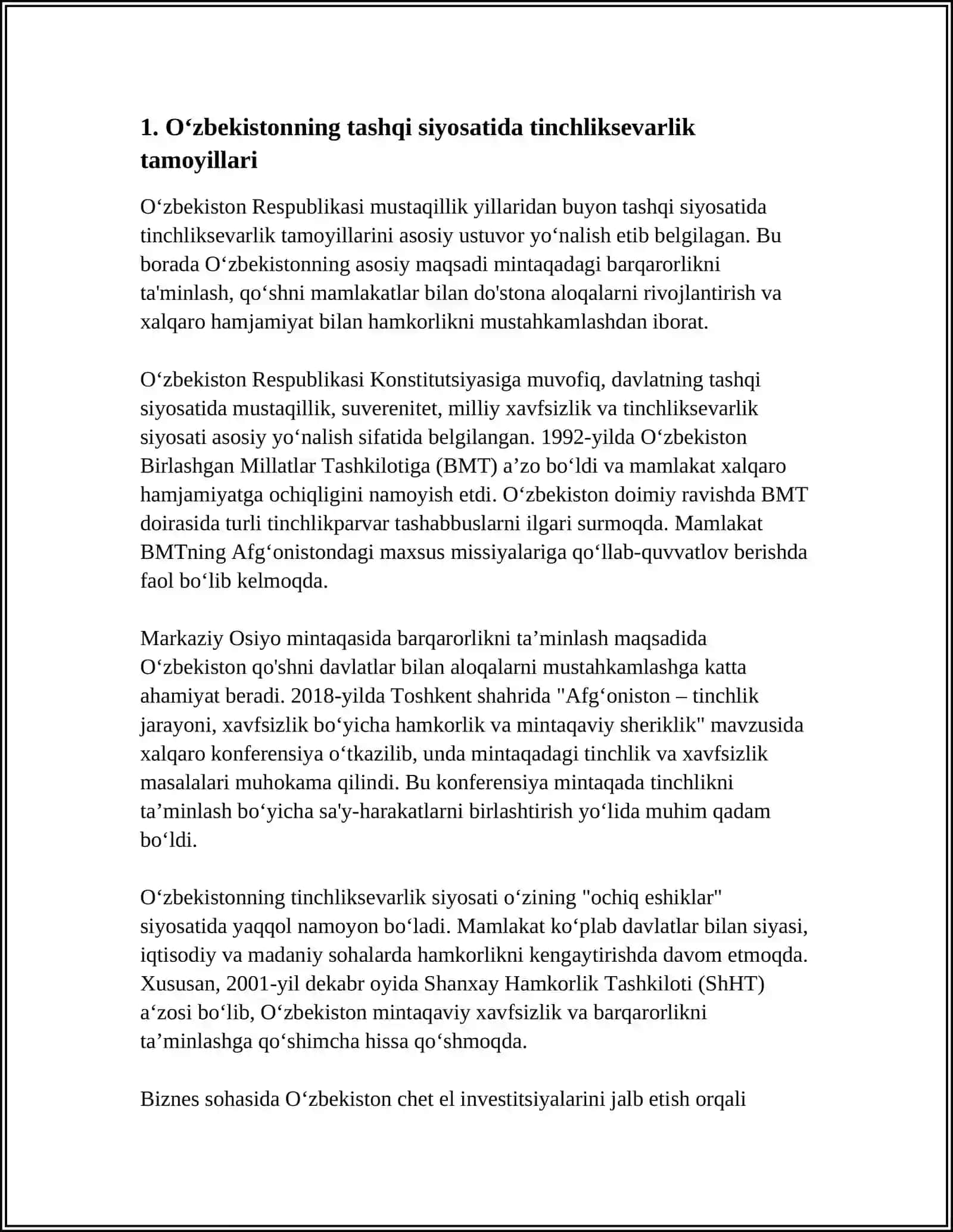 O‘zbekistonning Tinchliksevar Tashqi Siyosati va Uning Jahon Hamjamiyati Tomonidan Tan Olinishi 4