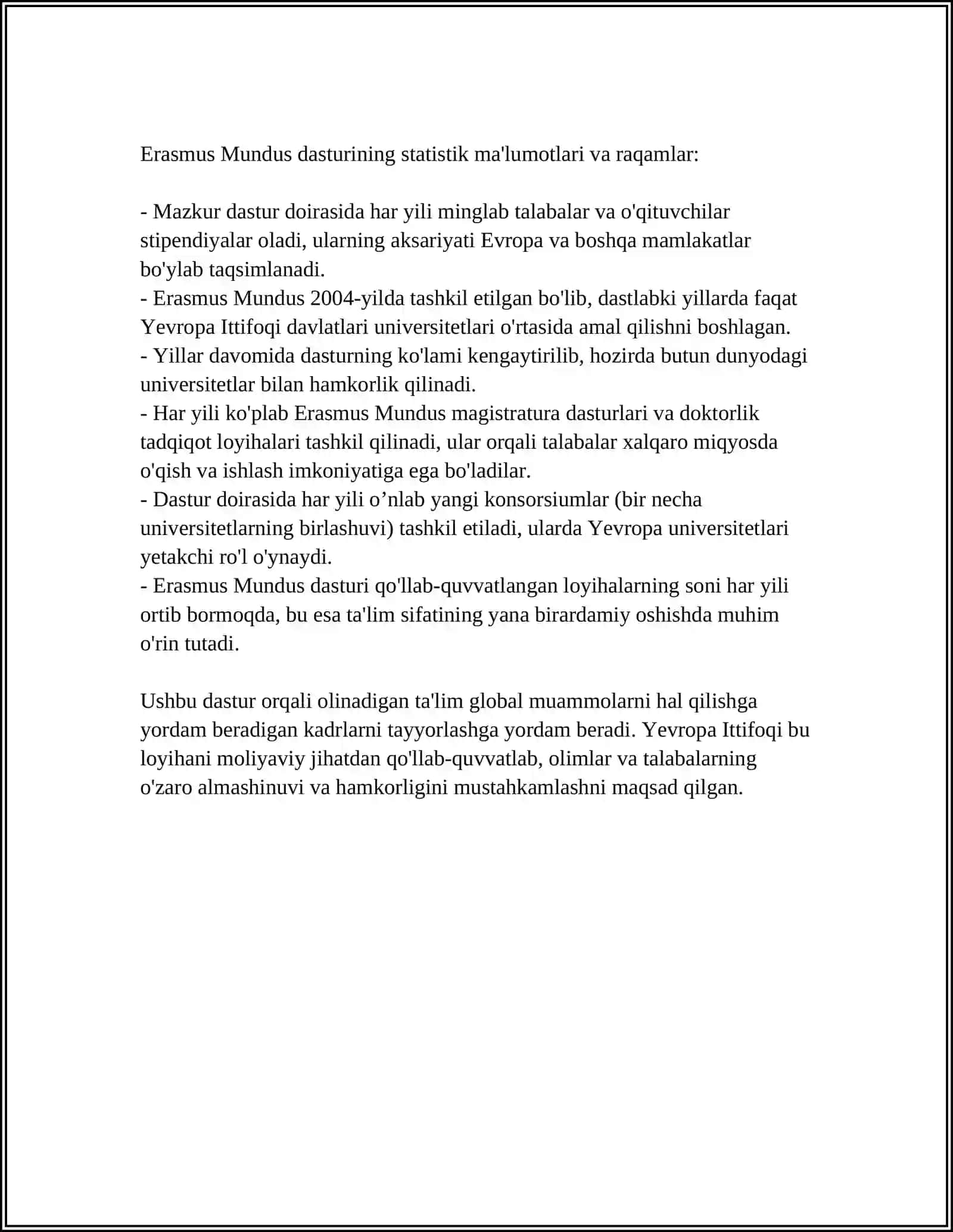 MUSTAQIL ISH Mavzu: CHET EL MAMLAKATLARIDA TA’LIMNI RIVOJLANTIRISH DASTURIDAN ERASMUS MUNDUS DASTURI BO’YICHA ERISHILGAN 4