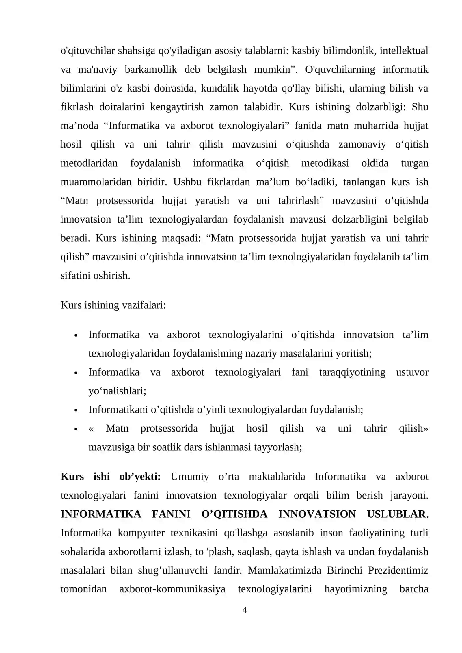 “MATN PROTSESSORIDA HUJJAT YARATISH VA UNI TAHRIR QILISH MAVZUSINI O'QITISH METODIKASI MAVZUSIDAGI ” KURS ISHI 4
