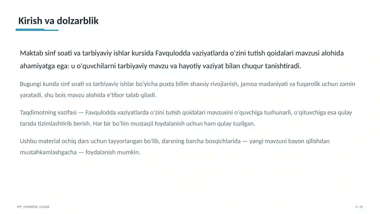 Sinf soati va tarbiyaviy tadbirlar (1–11) — ochiq dars uchun 4