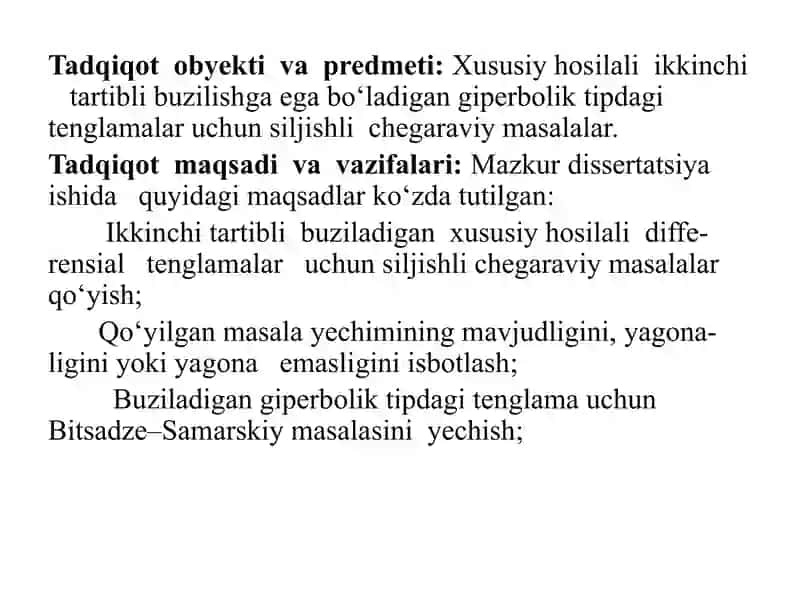 GIPERBOLIK TIPDAGI TENGLAMALAR  UCHUN BITSADZE-SAMARSKIY SHARTLI MASALASI 4