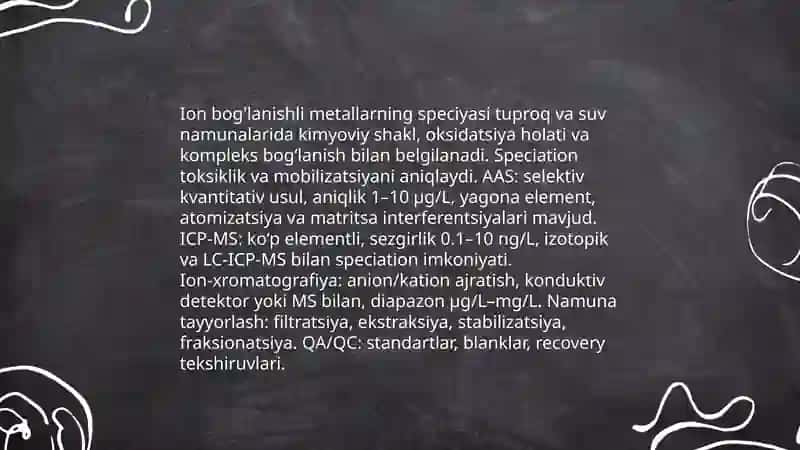 Tuproq va suvdagi ion boglanishli ifloslovchi moddalarni aniqlash, ulardan tozalash usulini ishlab chiqarish 4