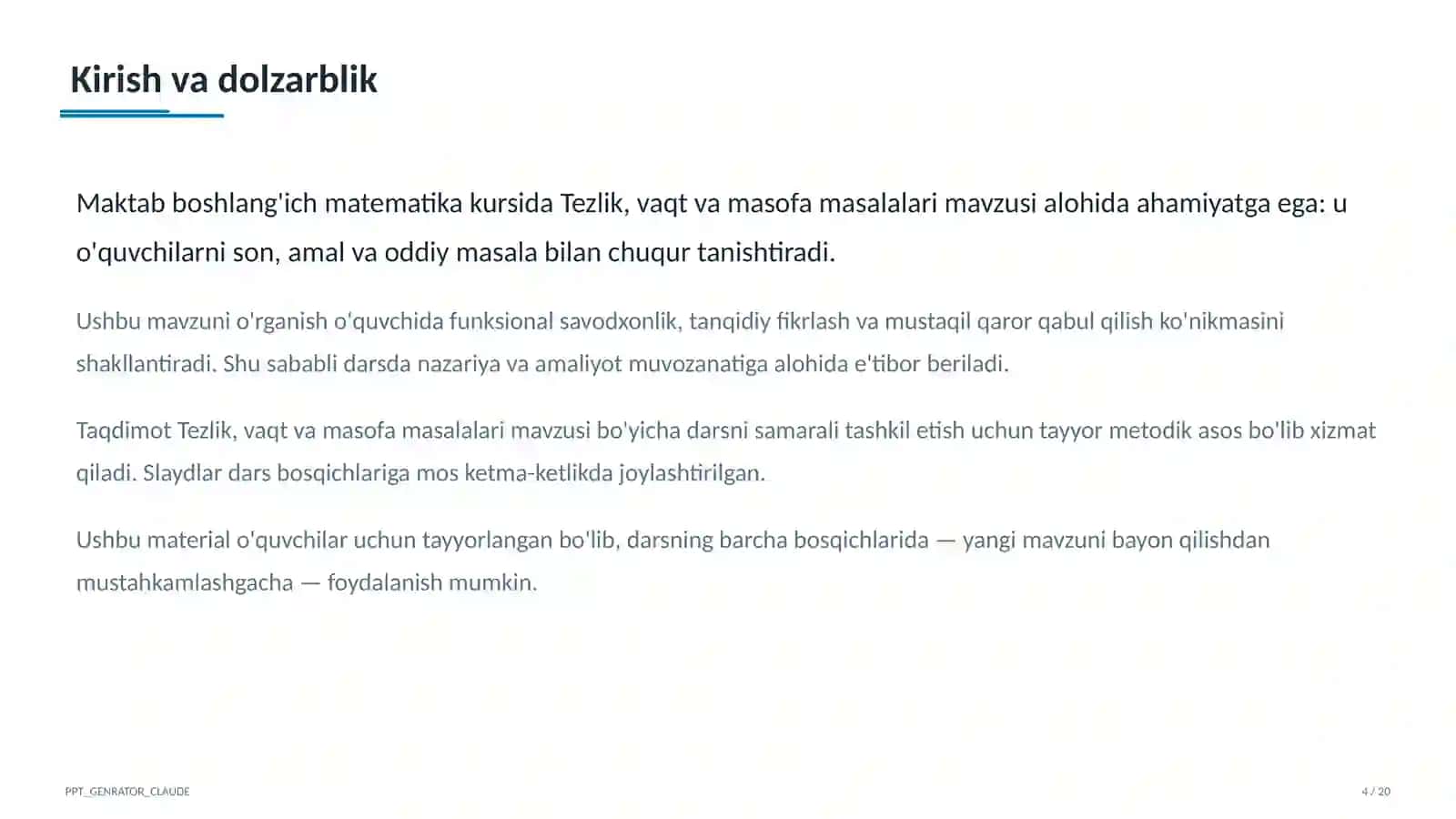 Tezlik, vaqt va masofa masalalari (4-sinf) 4