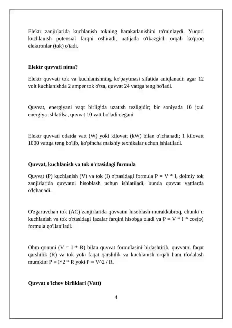 Elektr energiyasining quvvati kuchlanshi tok orqali ifodalanishi 4