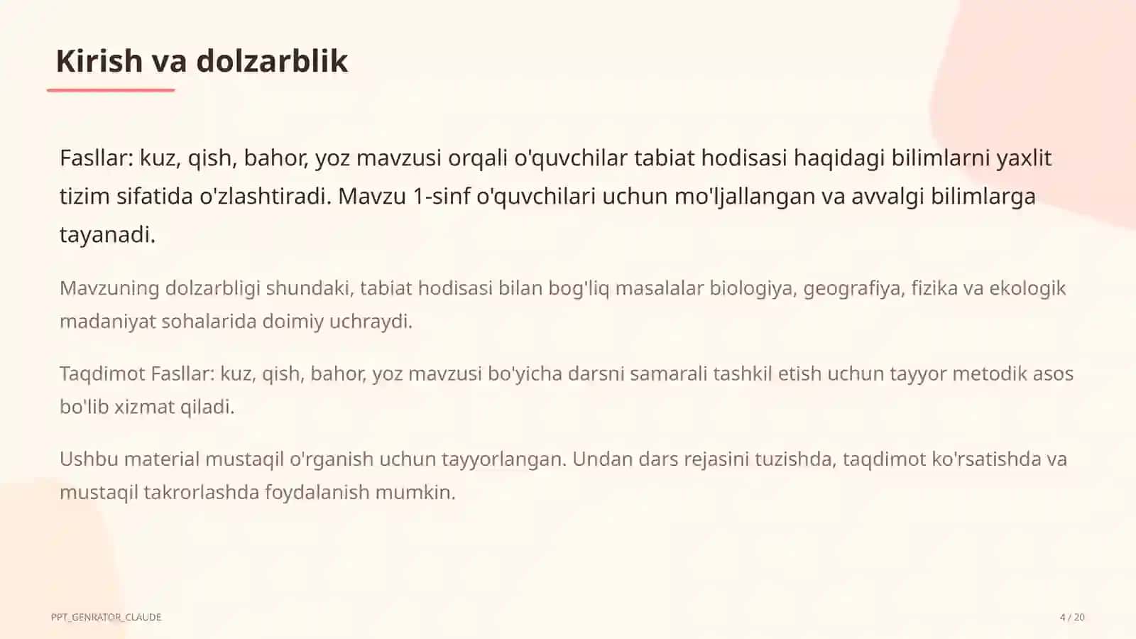 Fasllar: kuz, qish, bahor, yoz (1-sinf) 4
