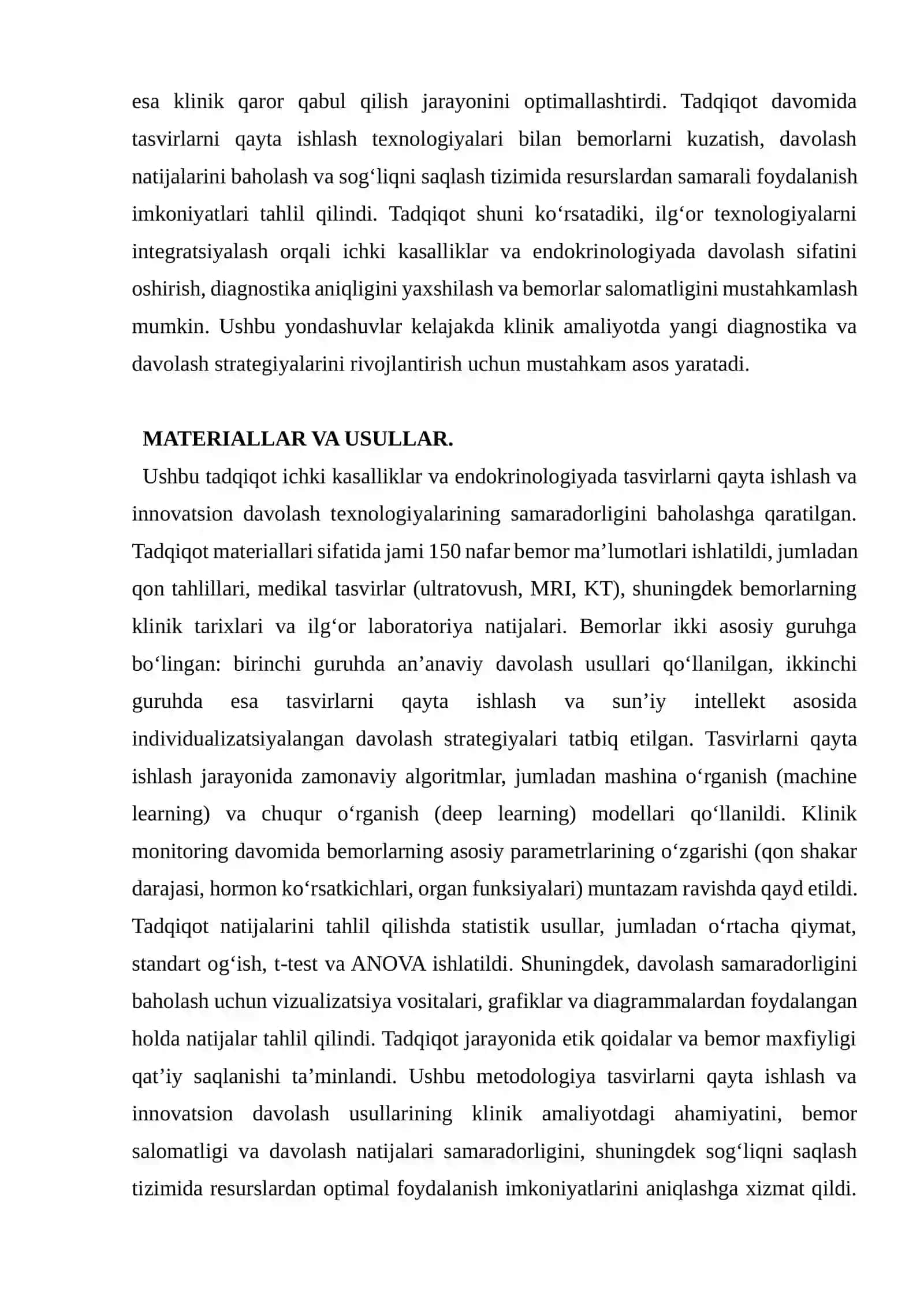 TASVIRLARNI QAYTA ISHLASH, MEDIKAL ANALITIKA VA INNOVATSION DAVOLASH TEXNOLOGIYALARI ORQALI ICHKI KASALLIKLAR VA ENDOKRINOLOGIYADA SAMARADORLIK VA NATIJALARNI OSHIRISH 4
