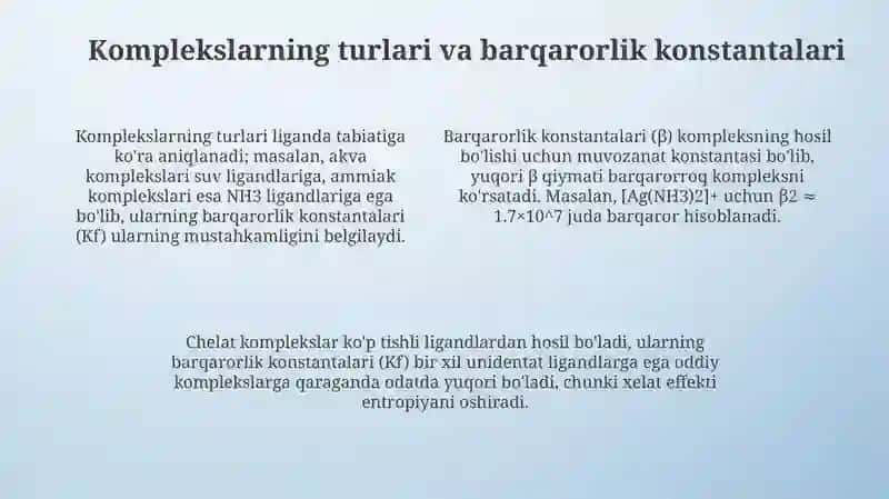 Kompleks hosil bo'lishi va ularni dissosiyalanish jarayoniga massalar tasiri qonuni 4