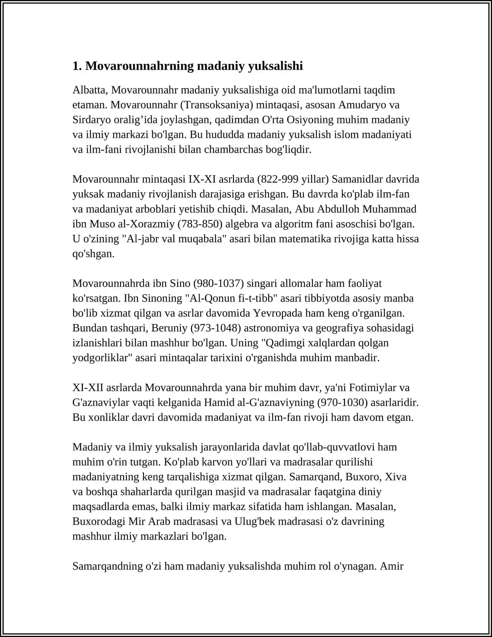 9-12 ASRLARDA MAMLAKATIMIZ HUDUDIDA RÔY BERGAN MADANIY UYĞONISH RENESSANS. BUYUK ALLOMALARNING JAHON SIVILIZATSIYASIGA QOʻSHGAN HISSASI 4