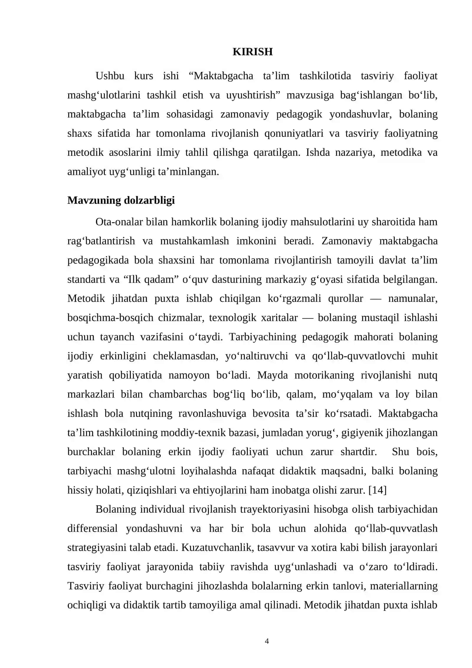 TASVIRIY FAOLIYATGA O‘RGATISH METODIKASI KURS ISHI 4