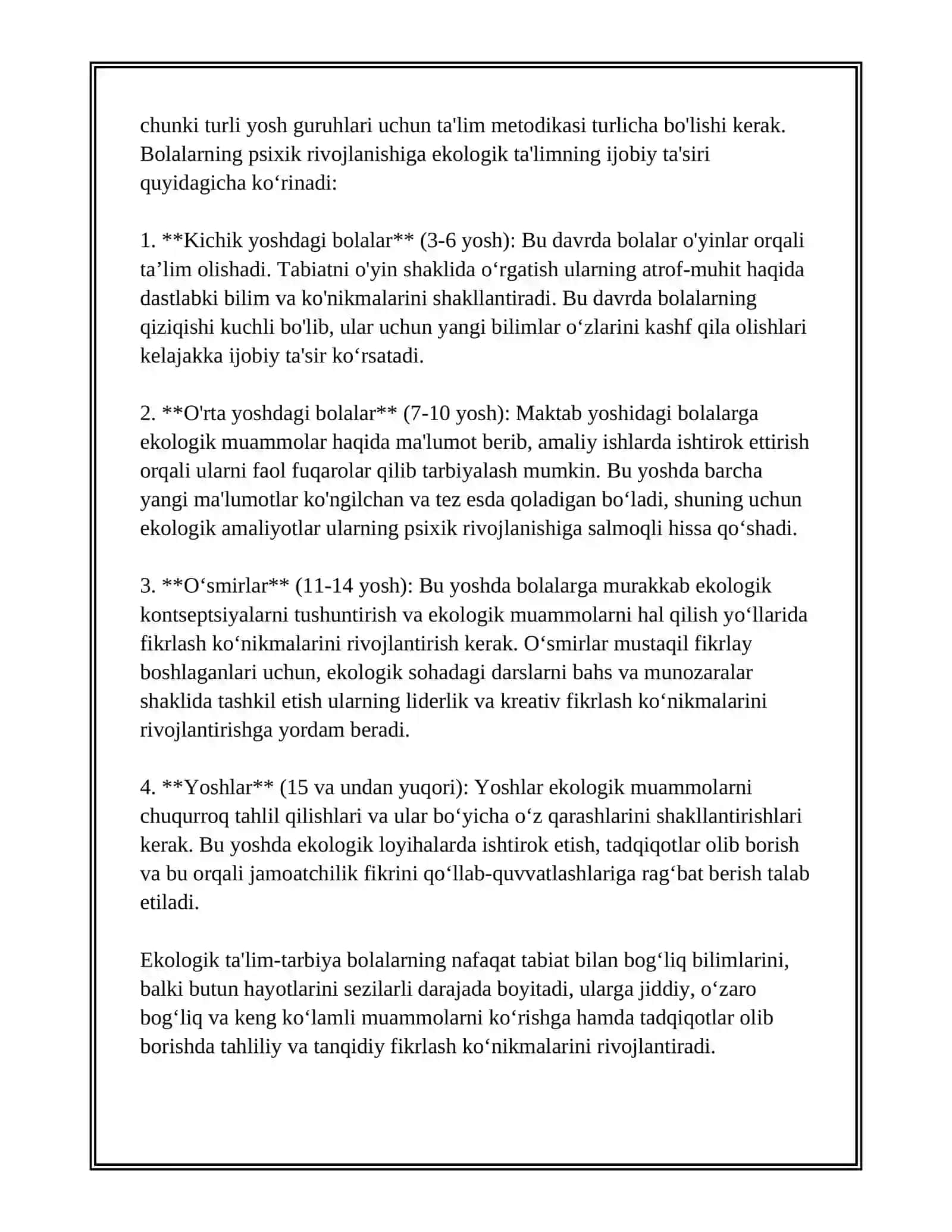 Turli yosh guruhlarida ekologik ta'lim-tarbiyaning nazariy asoslari va psixik rivojlanishga ta'siri 4